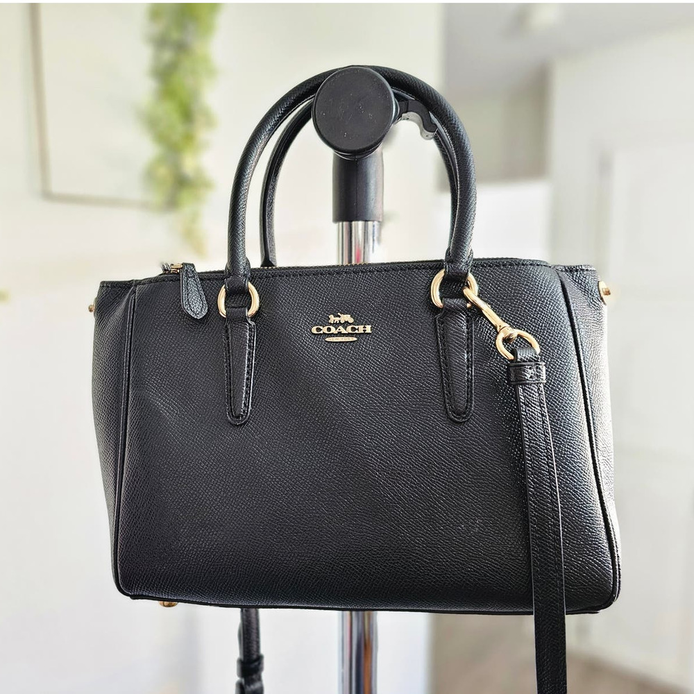 COACH Black Pebbled Leather Crossbody Top Handle Handbag Carryall Luxury Purse